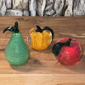 VTG 3 Lenox Hand Crafted Art Glass Fruits Pear Apple Paperweights Home Decor*